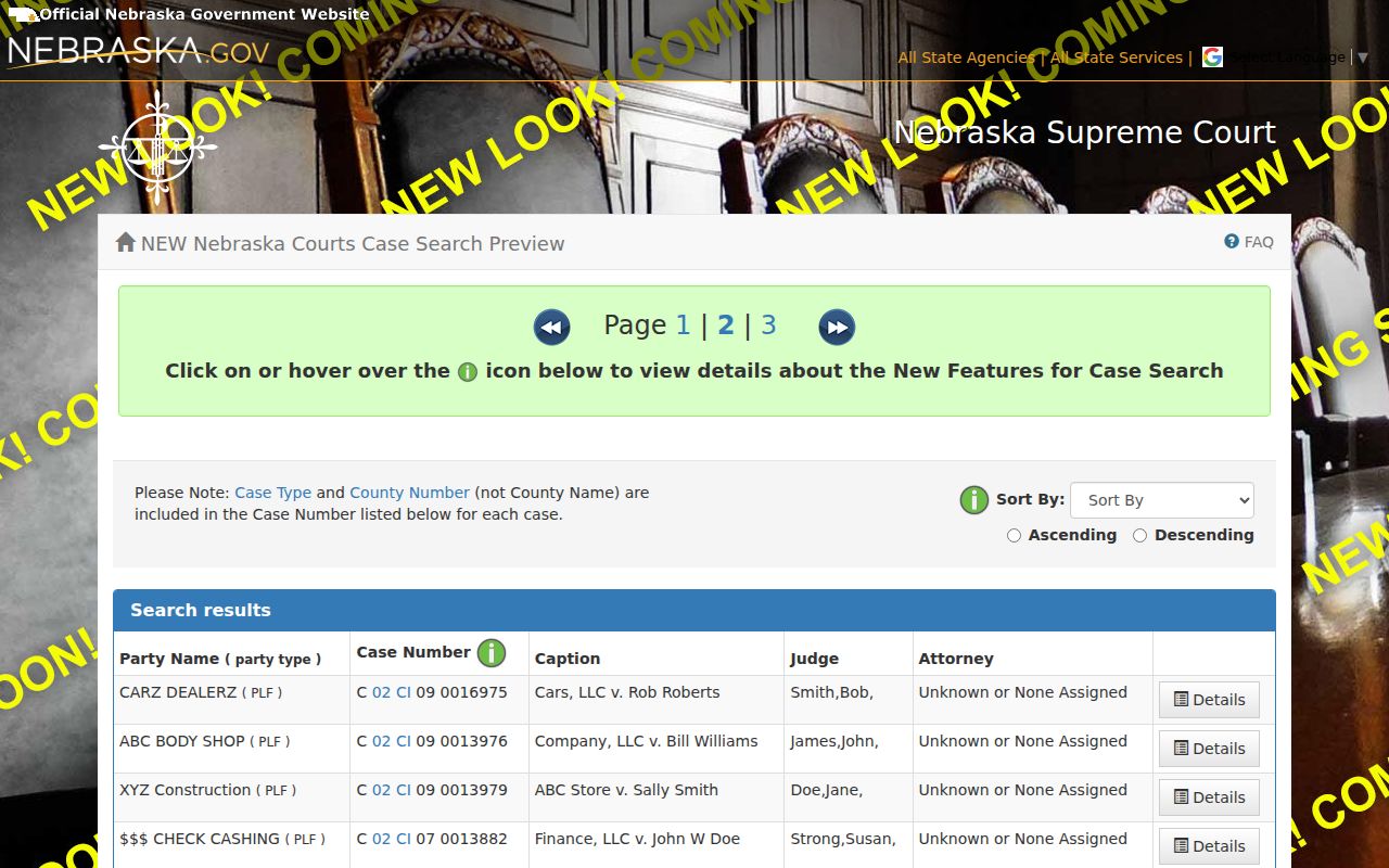 Clay County case search JUSTICE results table and sort controls